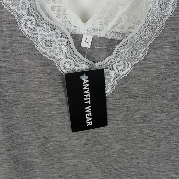 Lace Trim Top Large Gray Cap Sleeve V-neck Athleisure Women's Anyfit Wear - Picture 3 of 6